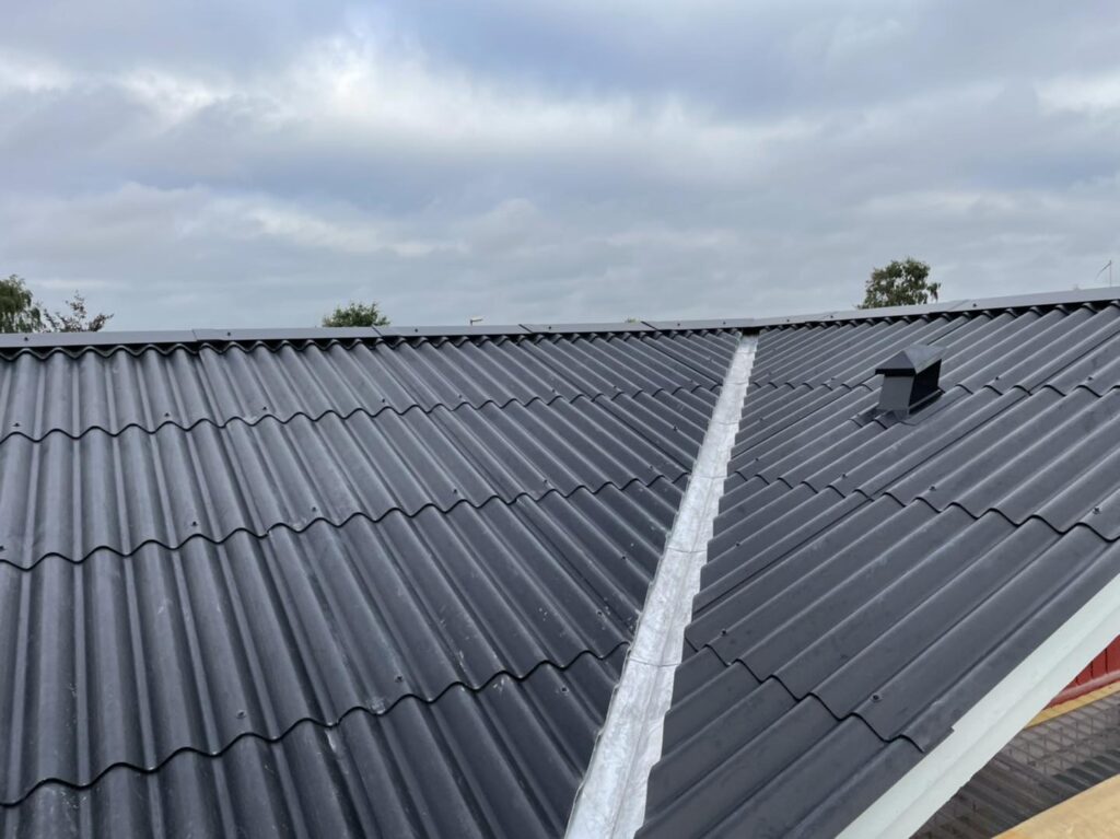 Sort bølget tag med tagrender og skorsten